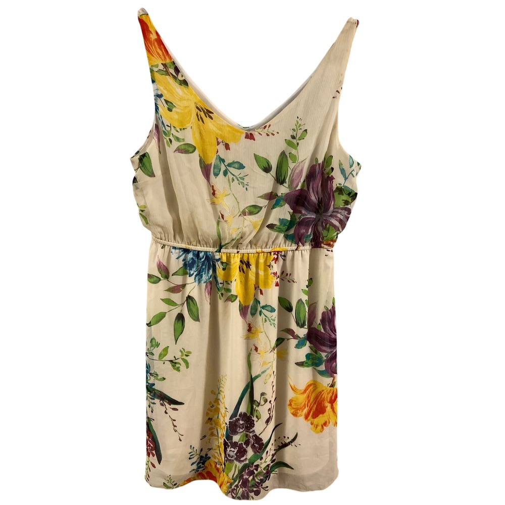 Old Navy Floral Dress Women Large Cream Yellow V-Neck Elastic Waist Good